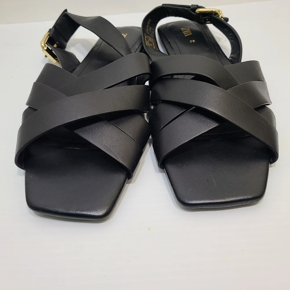 ZARA STRAPPY LEATHER SANDALS BLACK SIZE 8 | 2519/110/800